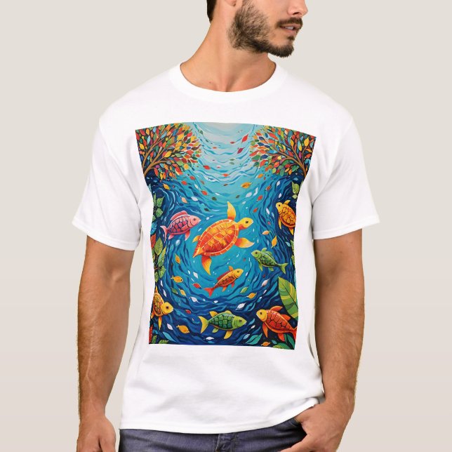 Camiseta Rio da Vida - Arte das Engordas com Peixes, Pássar (Frente)