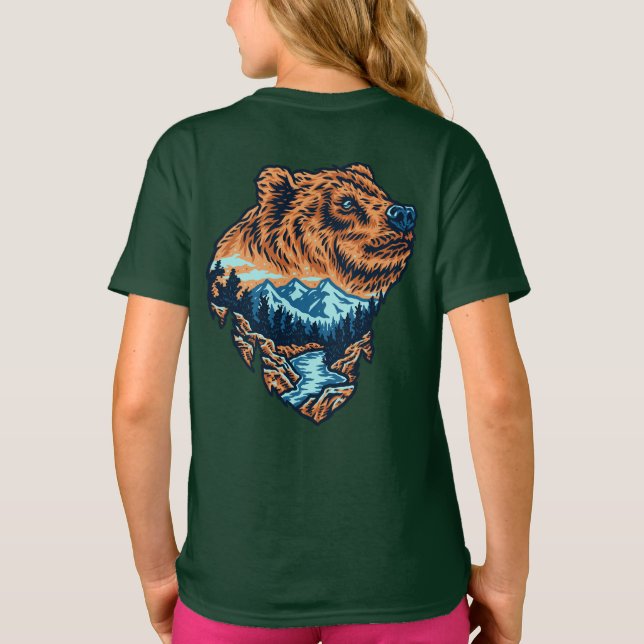Camiseta Rio Floresta de Montanha Silhouette Cabeça de Urso (Verso)