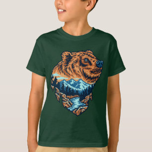 Camiseta Rio Floresta de Montanha Silhouette Cabeça de Urso