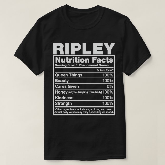 Camiseta Ripley Nutrition Facts T Shirt Ripley Name Birthda (Frente do Design)