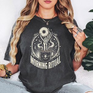 Camiseta Ritual Matinal do Donut de Café com Mão de Esquele