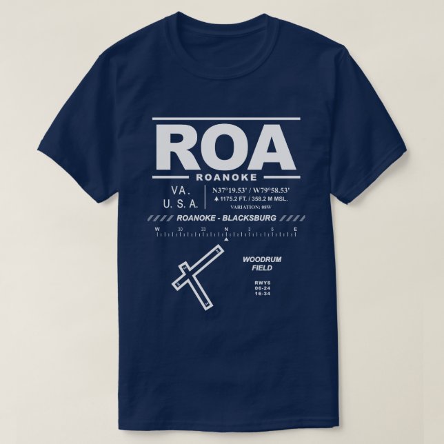 Camiseta Roanoke - Aeroporto Regional de Blacksburg ROA T-S (Frente do Design)