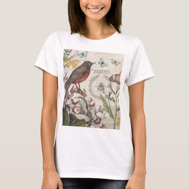 Camiseta Robin Elegant Bird Butterfly Arte Francesa (Frente)