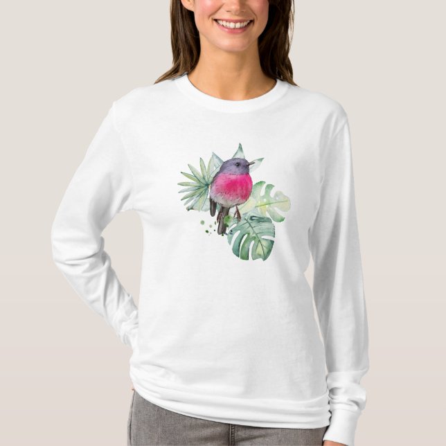 Camiseta Robin rosa com aquarela com folhas tropicais (Frente)