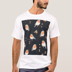 Camiseta Robins, bagas de remo, padrão de aquarela de inver