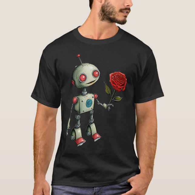 Camiseta Robô Adorável Entregando um Rosa (Frente)