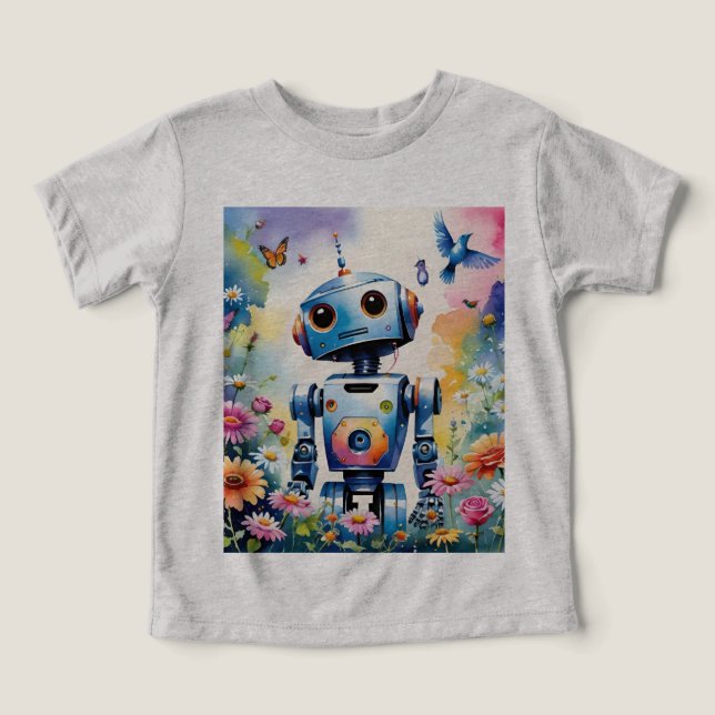 Camiseta Robô Curioso Com Borboletas E Flores De Aves (Design frontal)