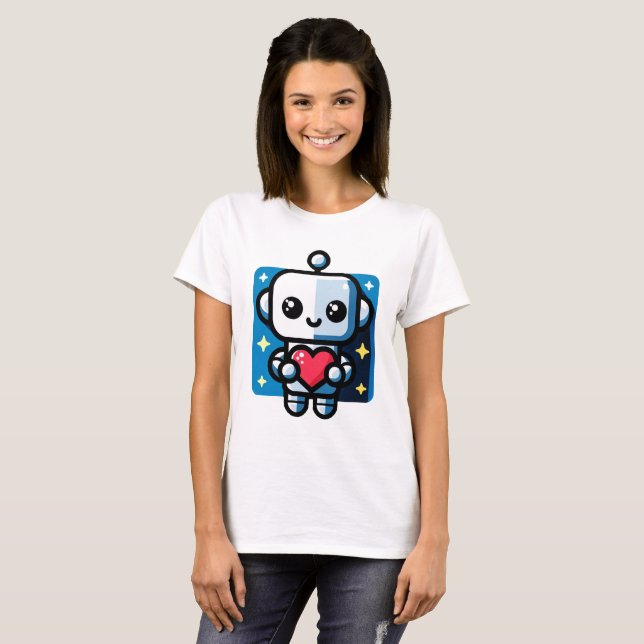 Camiseta Robô Cute Segurando Coração - Adorável Amor e Tecn (Frente Completa)