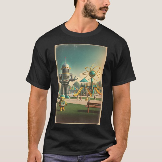 Camiseta Robô de Crianças Futurísticas Retro Atômico (Frente)
