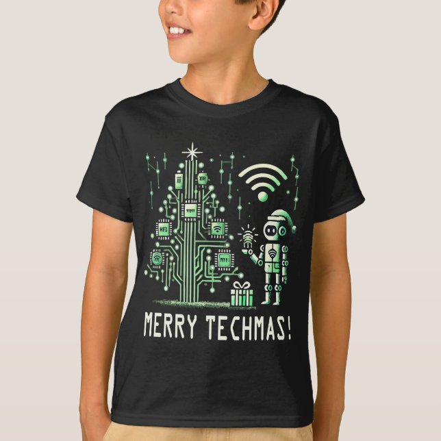 Camiseta Robô de IA com Árvore de Natal Tech – Feliz Techma (Frente)