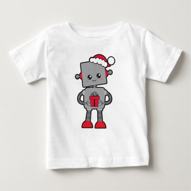 Camiseta Robô de Natal, Robô Bonito, Chapéu Santa, presente (Frente)