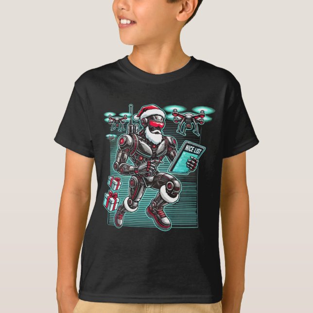 Camiseta Robô de Papai Noel com drones e Natal com tecnolog (Frente)