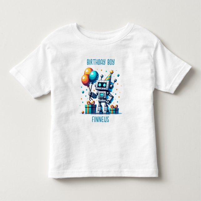 Camiseta Robô de Pixel de Garoto de Aniversário Personaliza (Frente)