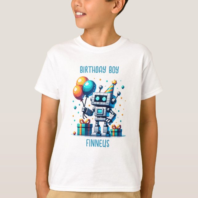 Camiseta Robô de Pixel de Garoto de Aniversário Personaliza (Frente)