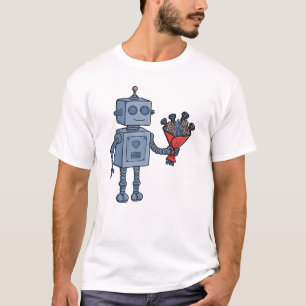 Camiseta Robô de São Valentim Fofo com Buquê de Engrenagens
