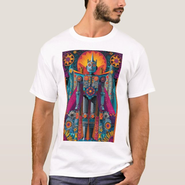 Camiseta Robo Deity Mandala — Ornate Symmetry Sci-Fi Poster (Frente)