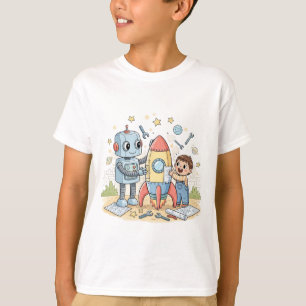 Camiseta Robô e Criança Construindo um Foguete – STE Desenh