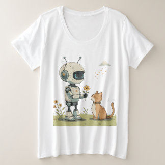 Camiseta Robô Fofo Dá Flor ao Gato Arte Infantil Saudável