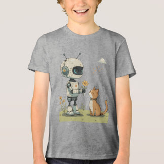 Camiseta Robô Fofo Dá Flor ao Gato Arte Infantil Saudável