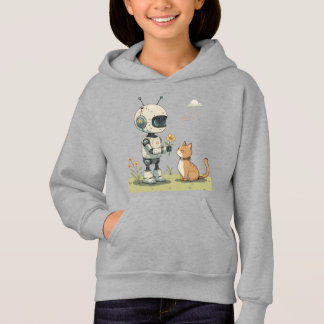 Camiseta Robô Fofo Dá Flor ao Gato Arte Infantil Saudável