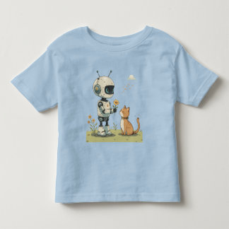 Camiseta Robô Fofo Dá Flor ao Gato Arte Infantil Saudável