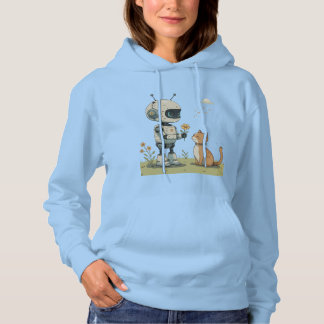 Camiseta Robô Fofo Dá Flor ao Gato Arte Infantil Saudável