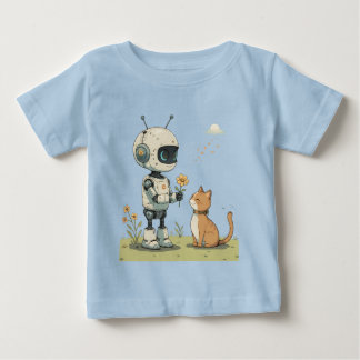 Camiseta Robô Fofo Dá Flor ao Gato Arte Infantil Saudável
