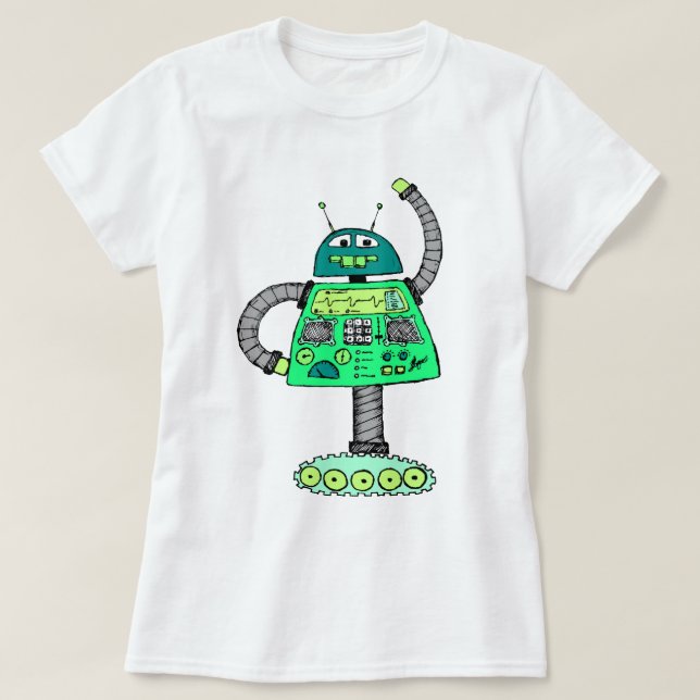 Camiseta Robô Frankie, verde em branco (Frente do Design)
