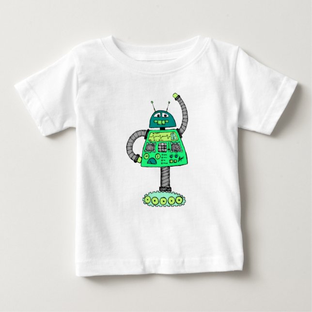 Camiseta Robô Frankie, verde em branco (Frente)