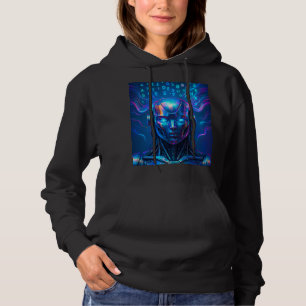 Camiseta robô futurista, IA cyberpunk, olhos azuis brilhant