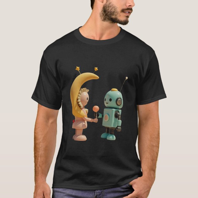Camiseta Robô Kawaii - Robô Bonito Dando Pastel (Frente)
