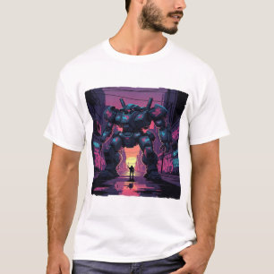 Camiseta Robô Mech Gigante vs Humano Pôr do Sol na Cidade