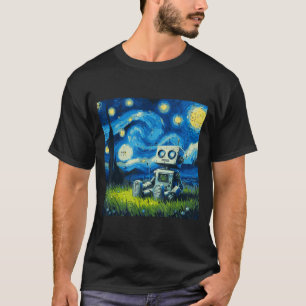 Camiseta Robô Noite Estrelada Arte de Pintura Divertida Mem