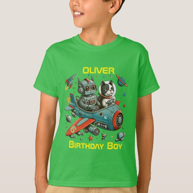 Camiseta Robô retrô personalizável e gato no espaço (Frente)