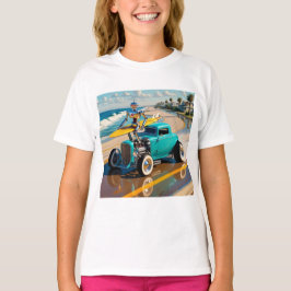 Camiseta robô vintage com surfboard , na praia