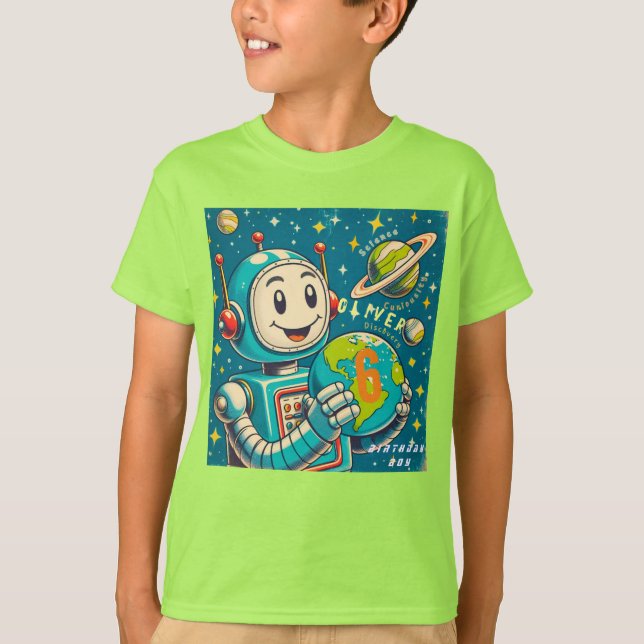 Camiseta Robô Vintage no Espaço Ciência Curiosidade Descobe (Frente)