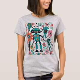 Camiseta Robôs E Flores Retro Cutes