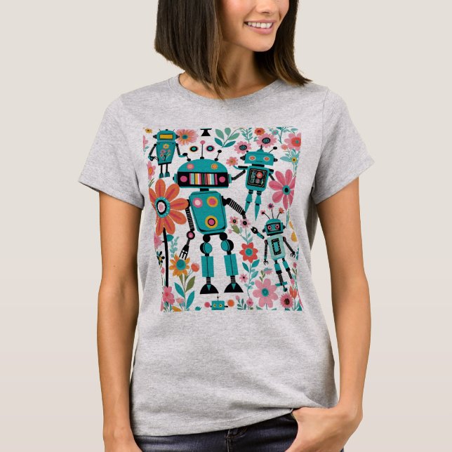 Camiseta Robôs E Flores Retro Cutes (Frente)