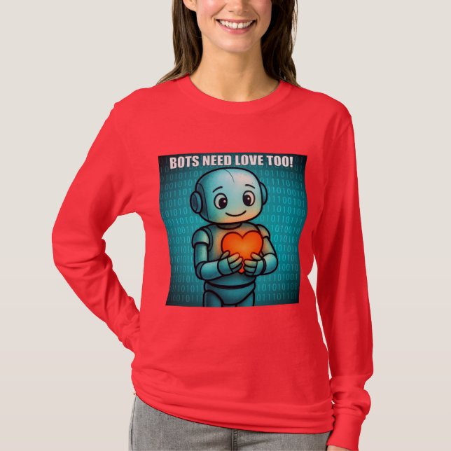 Camiseta Robôs Também Precisam de Amor - Manga Longa Vermel (Frente)