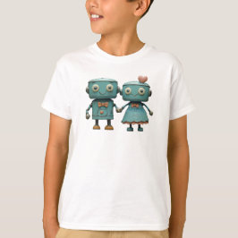 Camiseta Robôs Vintage Fofo em Arte de Casal Apaixonado