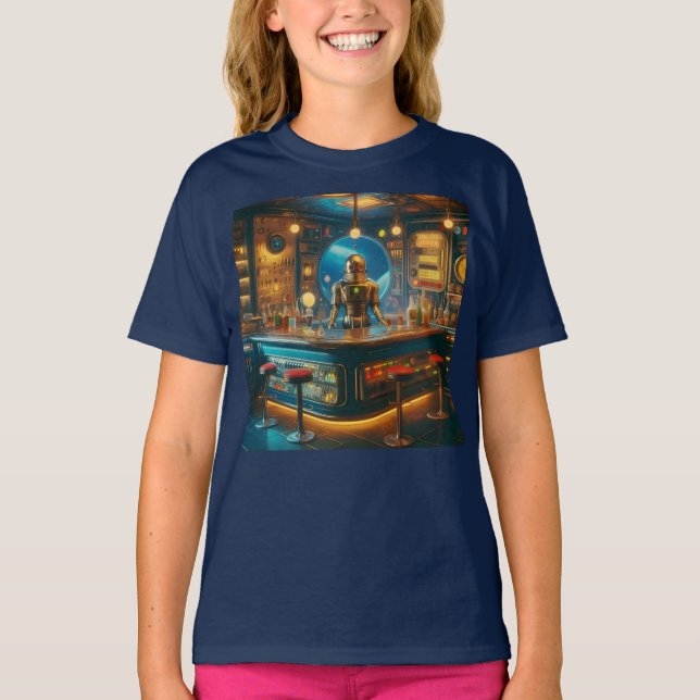 Camiseta Robot Bartender in Interstellar Space Age Dive Bar (Frente)
