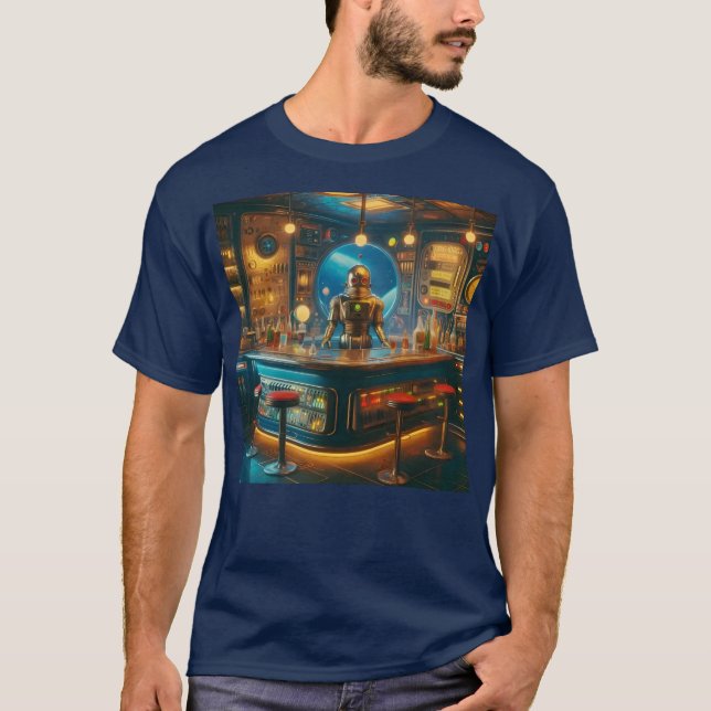 Camiseta Robot Bartender in Interstellar Space Age Dive Bar (Frente)
