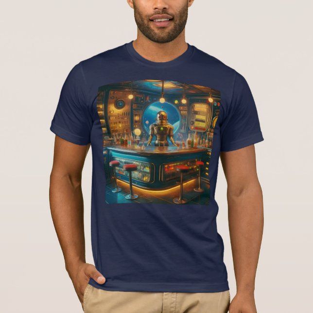Camiseta Robot Bartender in Interstellar Space Age Dive Bar (Frente)