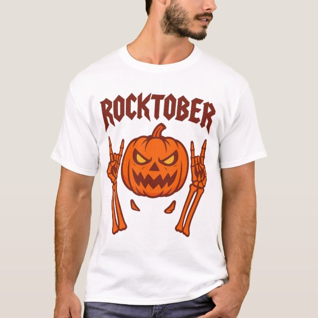 Camiseta Rocha De Rocco Sobre Esqueleto Mãos Pumpkin Hallow (Frente)