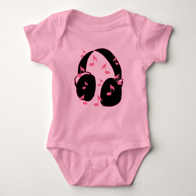 Camiseta Rocha do bebê!  Auriculares com rosa das notas (Frente)