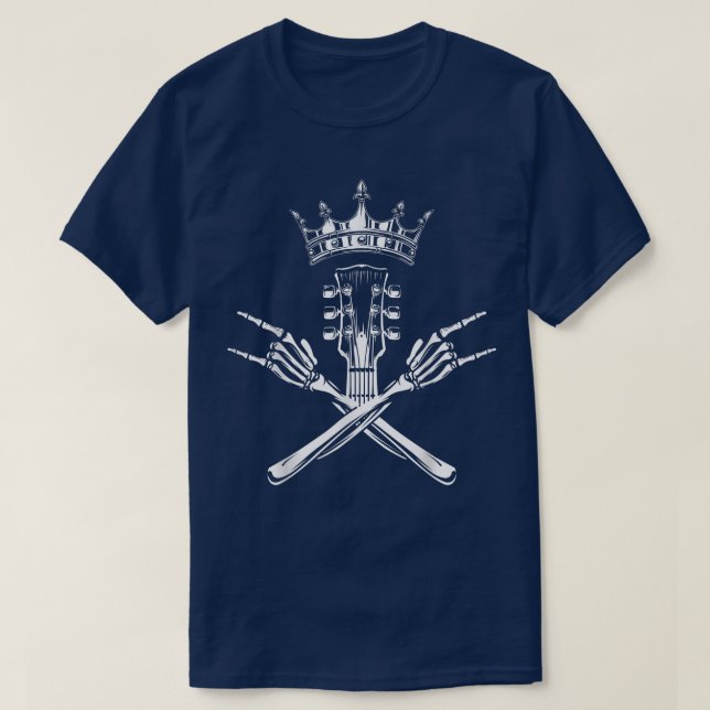 Camiseta Rock and Roll King, Mãos e Violão Skeleton, Roc (Frente do Design)