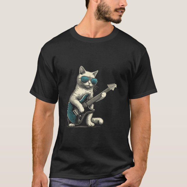 Camiseta Rock Cat Tocando Violão Engraçado Guitarrista Cat  (Frente)