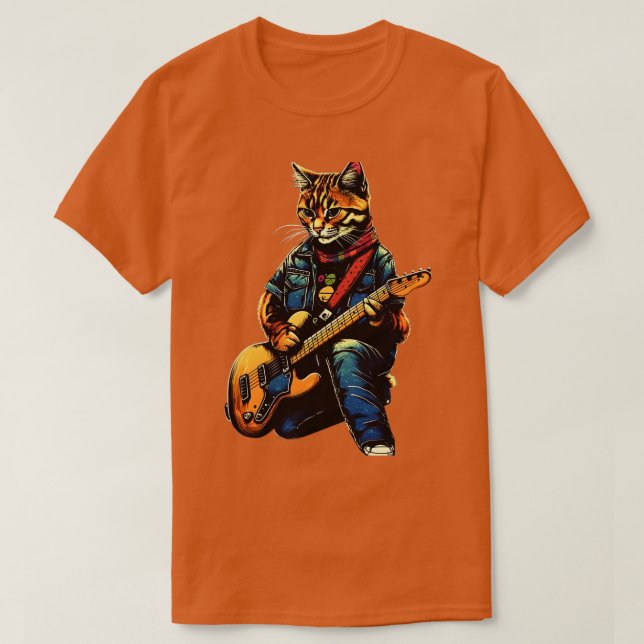 Camiseta Rock Cat Tocando Violão Engraçado Violão Gato (24) (Frente do Design)