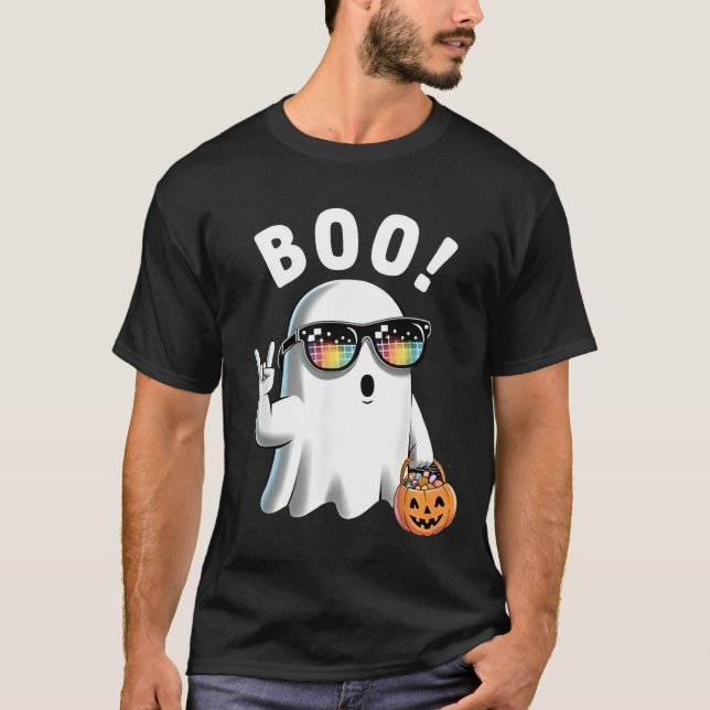 Camiseta Rock Ghost Retro Halloween Pumpkin Funny Boo (Frente)