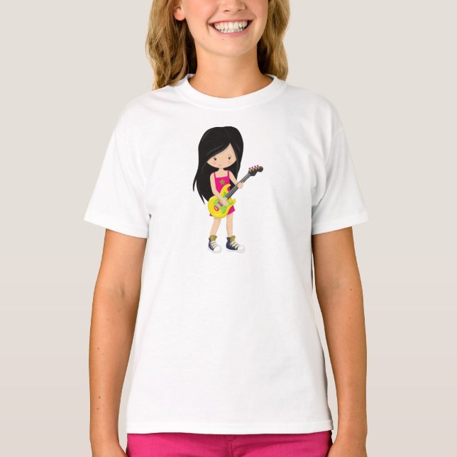 Camiseta Rock Girl, Black Hair, Banda, Música, Guitar Playe (Frente)